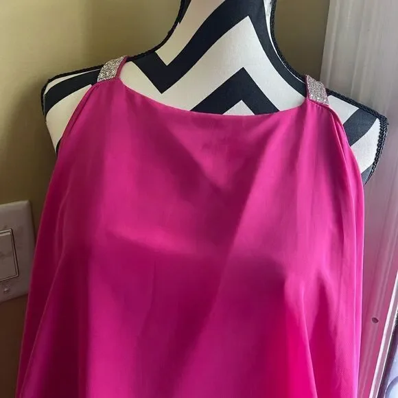 Glamour Hot pink polyester and spandex flowy sleeveless rhinestones accents SZ16 - Picture 2 of 12